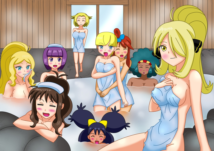 6+girls 9girls aloe_(pokemon) bel_(pokemon) blonde_hair blue_eyes blush breasts cattleya_(pokemon) character_request cleavage dark_skin elite_four fuuro_(pokemon) green_hair gym_leader hiromon iris_(pokemon) kamitsure_(pokemon) long_hair multiple_girls pokemon pokemon_(game) pokemon_black_and_white pokemon_bw purple_eyes purple_hair shikimi_(pokemon) shirona_(pokemon) smile touko_(pokemon) towel water white_(pokemon)