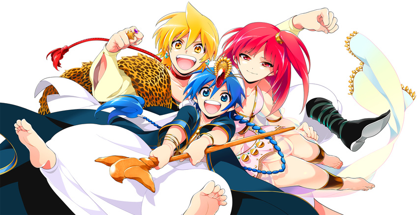 2boys aladdin_(magi) ali_baba_saluja ankle_cuffs anklet bad_id bad_pixiv_id barefoot blonde_hair blue_eyes blue_hair braid dalc_rose feet highres jewelry long_hair magi_the_labyrinth_of_magic morgiana multiple_boys one_side_up red_eyes red_hair short_hair simple_background soles staff turban white_background yellow_eyes