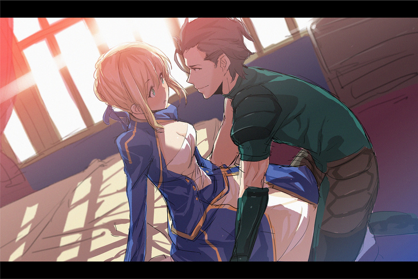 1girl artoria_pendragon_(all) bed blonde_hair blue_dress breasts cleavage dress elbow_gloves fate/zero fate_(series) gloves green_eyes hetero lancer_(fate/zero) letterboxed medium_breasts open_mouth pants saber saitou_masatsugu shirt silver_hair sitting sunset window