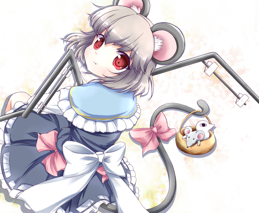 :t animal_ears bow capelet dowsing_rod grey_hair highres looking_at_viewer mouse mouse_ears mouse_tail nazrin odero pout red_eyes short_hair solo tail touhou