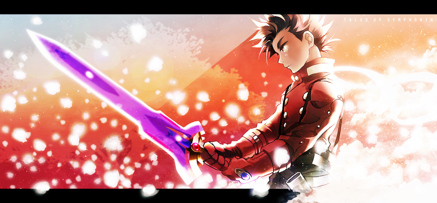 brown_hair coat gloves gotou_(pixiv37128) highres lloyd_irving male_focus red_shirt serious shirt solo spiked_hair sword tales_of_(series) tales_of_symphonia weapon