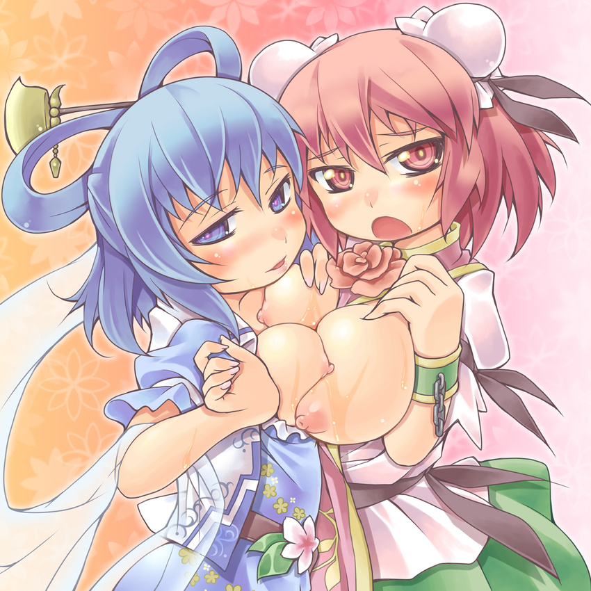 bad_id bad_pixiv_id blue_eyes blue_hair blush breast_press breasts bun_cover chain chinese_clothes double_bun flower hair_ornament hair_stick highres ibaraki_kasen kaku_seiga large_breasts multiple_girls nipples nyagakiya open_mouth pink_eyes pink_hair shawl symmetrical_docking touhou yuri