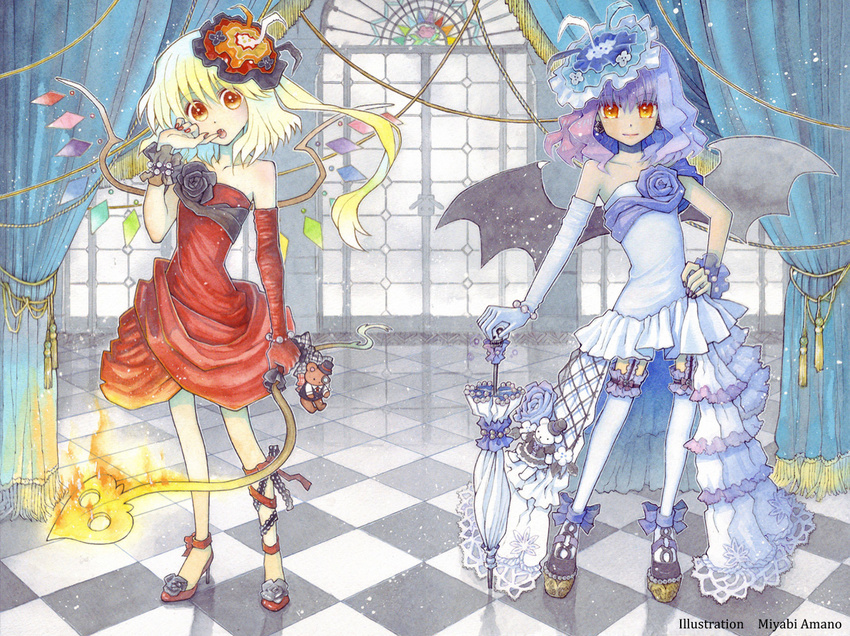 alternate_costume amano_miyabi bat_wings blonde_hair blue_dress checkered checkered_floor closed_umbrella curtains dress earrings elbow_gloves fang fire flandre_scarlet frills garter_straps gloves hair_ornament hand_on_hip hand_to_own_mouth high_heels holding jewelry laevatein lavender_hair leg_ribbon looking_at_viewer monocle multiple_girls nail_polish no_socks open_mouth platform_footwear pose purple_hair red_dress red_eyes remilia_scarlet ribbon shoes short_hair siblings side_ponytail sisters skirt smile stained_glass standing stuffed_animal stuffed_toy teddy_bear thighhighs touhou traditional_media umbrella watercolor_(medium) window wings wrist_cuffs yellow_eyes