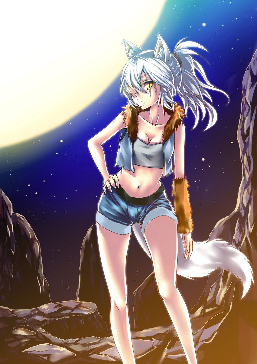 absurdres animal_ears arm_warmers bad_id bad_pixiv_id bare_shoulders crop_top cropped_jacket full_moon fur_trim hair_over_one_eye hand_on_hip highres long_hair midriff mikoto_(mio) moon navel night night_sky original ponytail rock scar short_shorts shorts silver_hair sky sleeveless solo standing strapless tail tubetop wolf_ears wolf_tail yellow_eyes