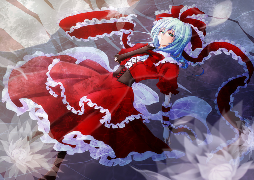 bow corset dress elbow_gloves frills front_ponytail gloves green_eyes green_hair hair_bow hair_ornament hair_ribbon hazuki_kasane kagiyama_hina long_hair ribbon smile solo touhou