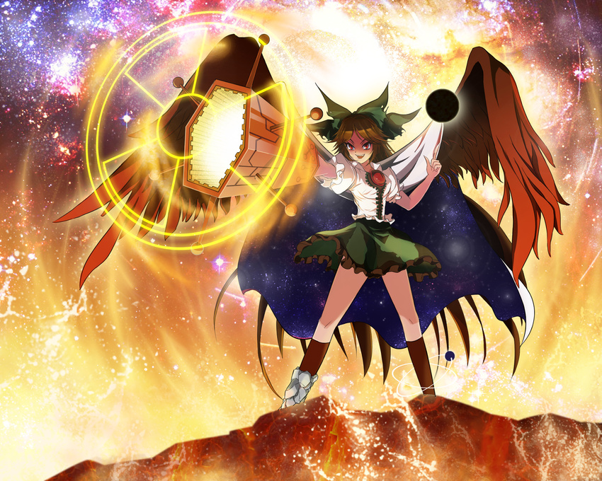 alternate_weapon arm_cannon black_sun black_wings bow brown_hair cape hair_bow highres long_hair open_mouth radiation_symbol red_eyes reiuji_utsuho shinebell skirt smile sun third_eye touhou weapon wings