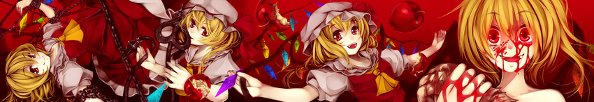 apple ascot bare_shoulders blonde_hair blood blood_in_mouth blood_on_face bloody_hair bow chain clone flandre_scarlet food four_of_a_kind_(touhou) fruit hat hat_bow highres laevatein long_image multiple_girls no_hat no_headwear open_mouth red red_eyes serizawa_mutsuki short_hair side_ponytail simple_background smile touhou wide-eyed wide_image wings