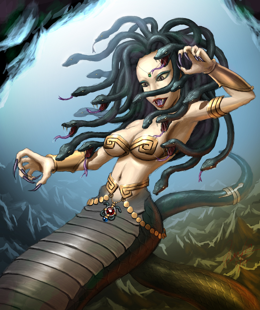 breasts fangs highres large_breasts medusa smile snake tail