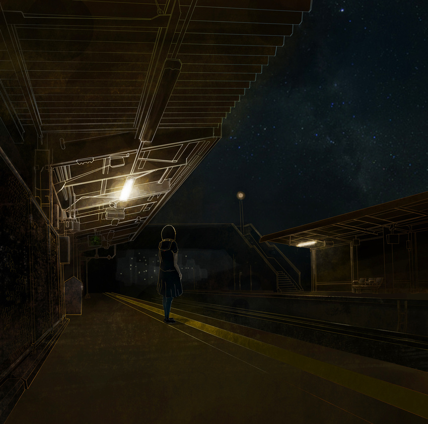 bad_id bad_pixiv_id bench black_hair city city_lights dark from_behind gemi highres ladder lamppost night original pantyhose railroad_tracks scenery school_uniform sign sky solo stairs star_(sky) starry_sky train_station