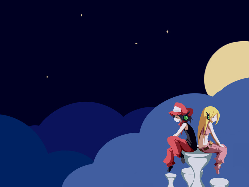 cave_story cloud clouds curly_brace female male moon quote_(cave_story) sitting space star unknown_artist video_games wallpaper