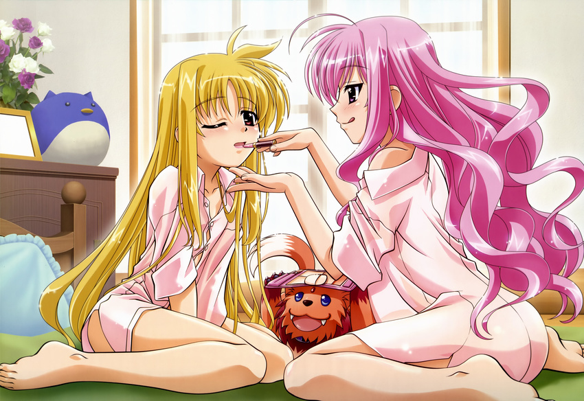 :q absurdres ahoge alternate_hairstyle applying_makeup arf bare_legs barefoot bed between_thighs blonde_hair bottomless dress_shirt fate_testarossa feet highres kneeling kyrie_florian legs lipstick lipstick_tube long_hair lyrical_nanoha mahou_shoujo_lyrical_nanoha mahou_shoujo_lyrical_nanoha_a's mahou_shoujo_lyrical_nanoha_a's_portable:_the_gears_of_destiny makeup multiple_girls naked_shirt non-web_source nyantype off_shoulder official_art one_eye_closed pink_eyes pink_hair purple_eyes red_eyes see-through_silhouette shinozaki_akira shirt sitting sleeves_rolled_up tongue tongue_out v_arms very_long_hair wariza wavy_hair