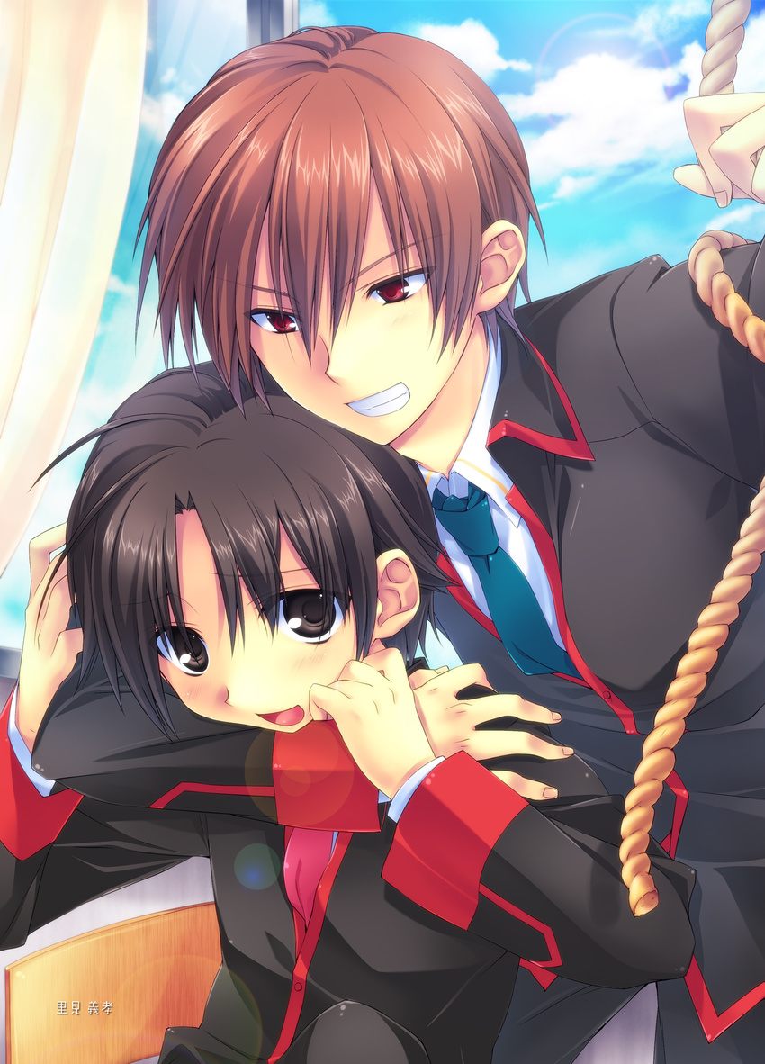 arm_around_neck brown_eyes brown_hair grin highres little_busters! multiple_boys naoe_riki natsume_kyousuke necktie one_eye_closed open_mouth red_eyes satomi_yoshitaka school_uniform short_hair smile