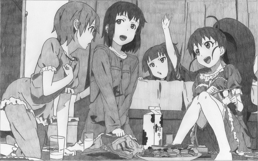 arm_up barefoot bed carton derivative_work food greyscale inami_mahiru long_hair long_legs milk_carton monochrome multiple_girls open_mouth pajamas short_hair sitting sleepover smile snack takanashi_nazuna taneshima_popura working!! yamada_aoi