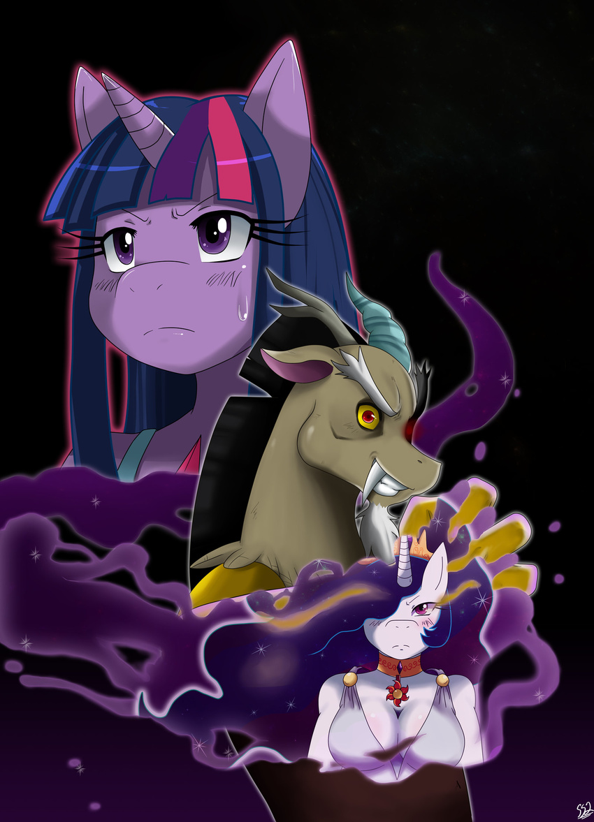 alicorn anthro anthrofied black_hair blush breasts chimera cleavage clothed clothing crown discord_(mlp) draconequus dragon equine female friendship_is_magic hair horn horse hybrid long_hair looking_at_viewer male mammal multi-colored_hair my_little_pony pony princess princess_celestia_(mlp) purple_eyes purple_hair red_eyes royalty sabertooth short_hair smile sssonic2 sweat tail twilight_sparkle_(mlp) unicorn