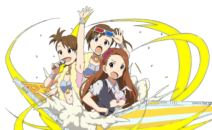 bad_id bad_pixiv_id brown_hair futami_ami futami_mami highres idolmaster idolmaster_(classic) idolmaster_2 kiyukiyutan minase_iori multiple_girls siblings smile twins