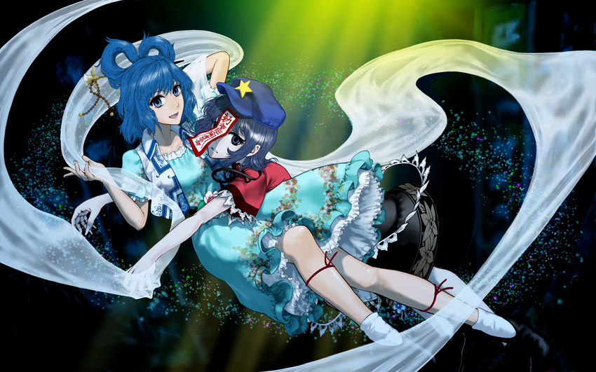 black_hair blue_eyes blue_hair dress hair_ornament hair_rings hair_stick hat highres kaku_seiga miyako_yoshika multiple_girls ofuda open_mouth outstretched_arms shawl short_hair star touhou umami_(sakeikura) vest zombie_pose