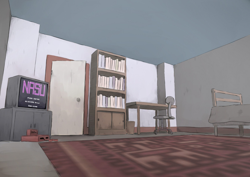 book bookshelf carpet chair controller desk door game_console game_controller gamepad good_end no_humans office_chair rabbit_r room scenery television trash_can video_game yume_nikki