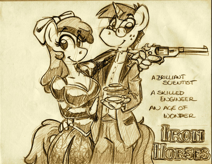 anthrofied apple_bloom_(mlp) applebloom_(mlp) bow_tie breasts couple dress duo english_text equine eyelashes eyewear female freckles friendship_is_magic glasses gun horn horse invalid_tag king-cheetah male mammal monochrome my_little_pony pistol pony ranged_weapon revolver sepia smile snails_(mlp) steampunk suit text unicorn weapon