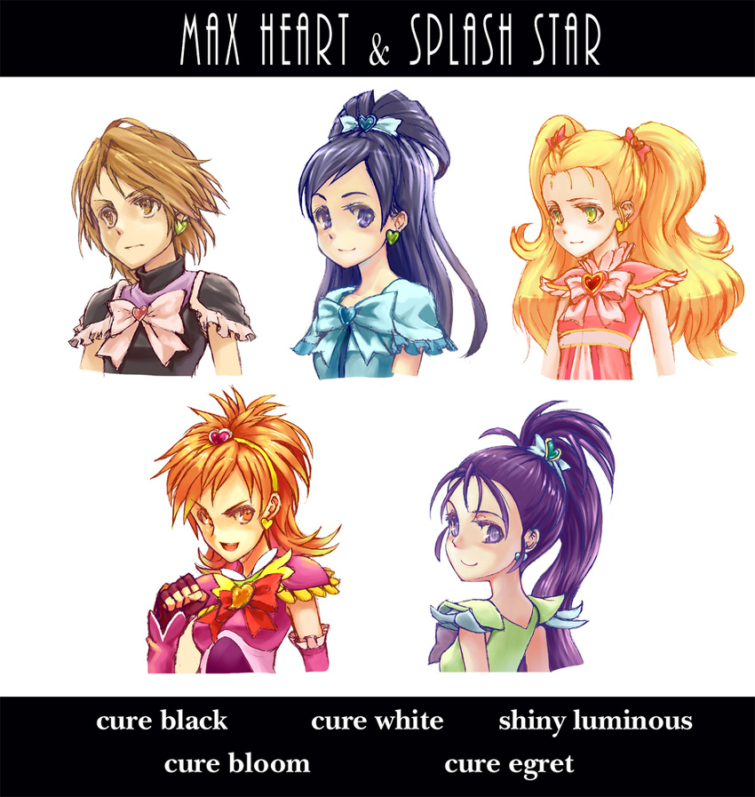 black_eyes black_hair blonde_hair bow brown_eyes brown_hair character_name copyright_name cure_black cure_bloom cure_egret cure_white futari_wa_precure futari_wa_precure_max_heart futari_wa_precure_splash_star gloves green_eyes hair_ribbon hairband half_updo heart highres hyuuga_saki image_sample kujou_hikari long_hair magical_girl md5_mismatch messy_hair mishou_mai misumi_nagisa multiple_girls pixiv_sample ponytail potepote precure purple_hair ribbon shiny_luminous short_hair smile twintails yukishiro_honoka