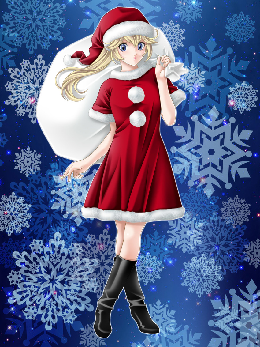 bad_id bad_pixiv_id blonde_hair blue_eyes boots christmas hat highres long_hair mario_(series) princess_peach sack santa_costume santa_hat snowflakes solo super_mario_bros. tamamon