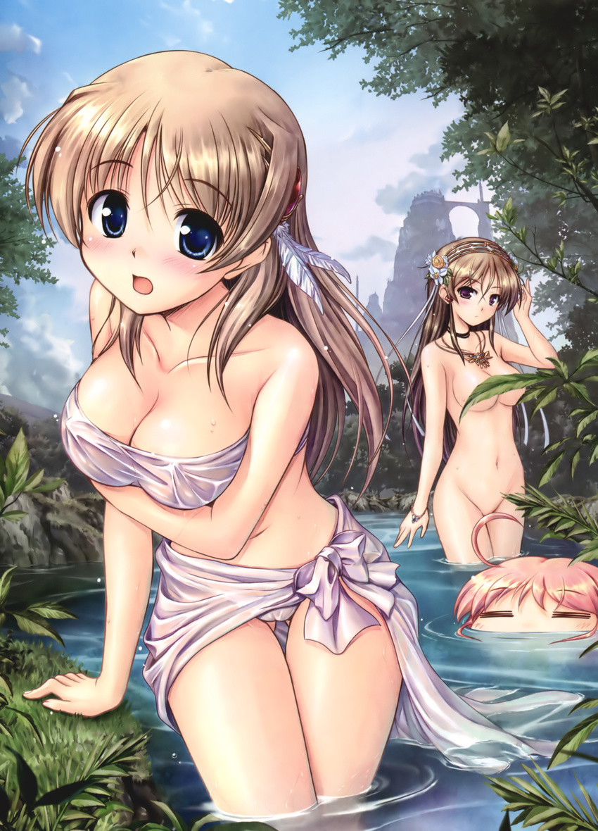 =_= absurdres aiyoku_no_eustia arm_support bekkankou blue_eyes blush bracelet breast_hold breasts brown_hair cameltoe censored cleavage clothed_female_nude_female convenient_censoring covered_nipples day eris_floraria eustia_astraea feathers fione_silvaria flower hair_feathers hairband highres jewelry large_breasts long_hair multiple_girls nature navel nude open_mouth outdoors partially_submerged pink_hair purple_eyes sarong sky smile thigh_gap wading water white_sarong wide_face