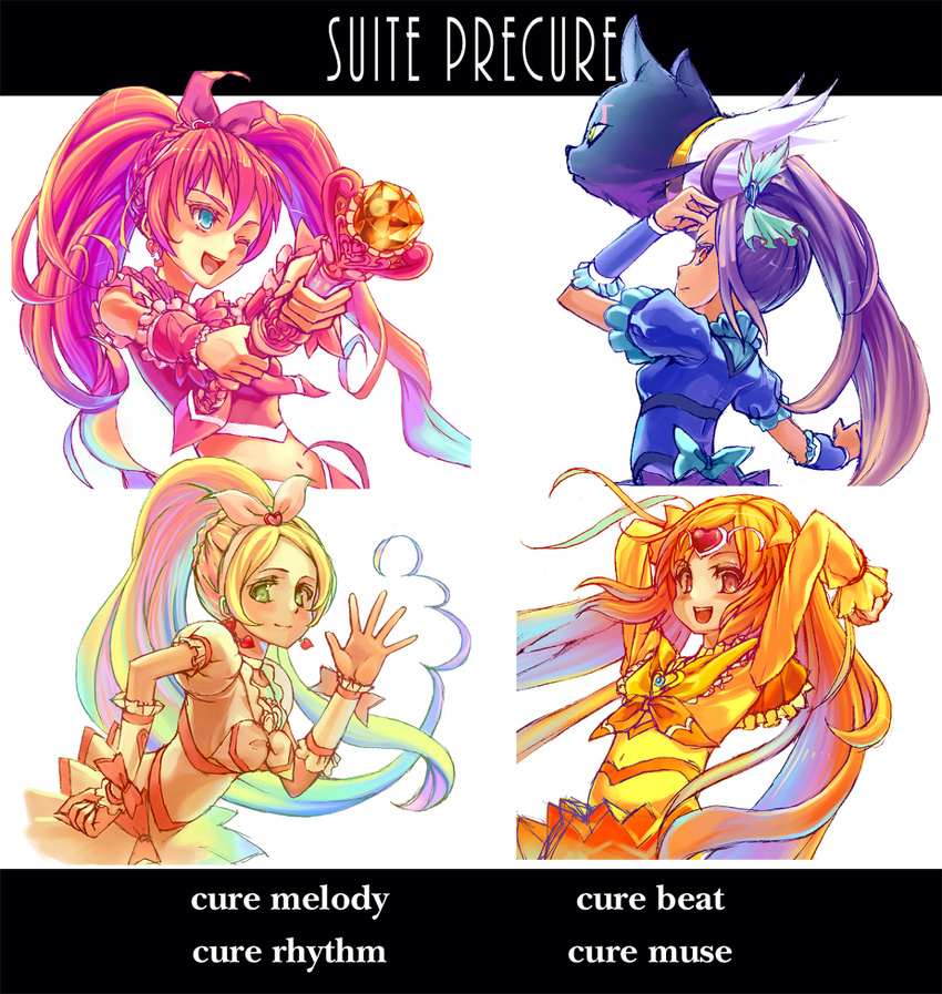 aqua_eyes arms_up blonde_hair bow braid brown_eyes cat character_name choker circlet copyright_name cure_beat cure_melody cure_muse_(yellow) cure_rhythm earrings frills green_eyes heart highres houjou_hibiki image_sample jewelry kurokawa_eren long_hair magical_girl md5_mismatch midriff minamino_kanade miracle_belltier multiple_girls navel orange_hair pink_bow pink_hair pixiv_sample potepote precure purple_hair seiren_(suite_precure) shirabe_ako side_ponytail smile suite_precure twintails wand yellow_bow
