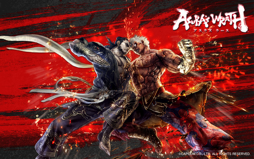 2boys angry asura asura's_wrath asura's_wrath asura_(asura's_wrath) asura_(asura's_wrath) beard black_hair blue capcom clenched_hand collision cyber_connect_2 epic facial_hair fist headbutt multiple_boys official_art red rival wallpaper white_hair yasha_(asura's_wrath) yasha_(asura's_wrath)