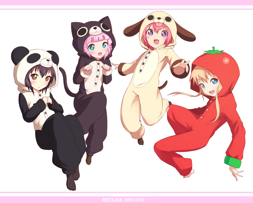 :d akaza_akari animal_costume black_hair blonde_hair blue_eyes blush brown_eyes cat_costume dog_costume funami_yui kei-suwabe multiple_girls open_mouth pajamas panda_costume paw_pose pink_hair purple_eyes red_hair smile tomato_costume toshinou_kyouko yoshikawa_chinatsu yuru_yuri