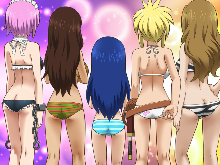 adjusting_clothes adjusting_swimsuit ass awa belt bikini blonde_hair blue_hair brown_hair butt_crack cana_alberona chain cuffs evergreen_(fairy_tail) fairy_tail from_behind highres holster kneepits long_hair lucy_heartfilia multiple_girls petite pink_hair shackles short_hair sidelocks striped striped_bikini striped_swimsuit swimsuit virgo_(fairy_tail) wendy_marvell