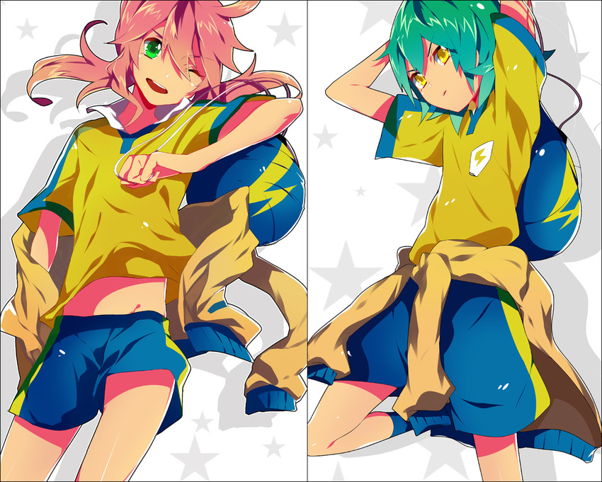 akishima_kei arms_up bad_id bad_pixiv_id bag green_eyes green_hair inazuma_eleven_(series) inazuma_eleven_go jacket kariya_masaki kirino_ranmaru long_hair multiple_boys one_eye_closed pink_hair short_hair soccer_uniform sportswear twintails yellow_eyes