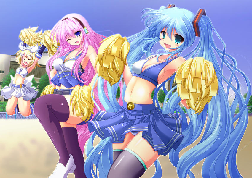 absurdres aqua_eyes armpits arms_up belt blonde_hair blue_eyes blue_hair breasts cheerleader cleavage closed_eyes fang hair_ornament hair_ribbon hairclip hatsune_miku highres jumping kagamine_rin long_hair medium_breasts megurine_luka midriff multiple_girls navel one_eye_closed open_mouth panties pantyshot pink_hair pom_poms rankiryuu ribbon short_hair skirt small_breasts striped striped_panties thighhighs twintails underwear very_long_hair vocaloid