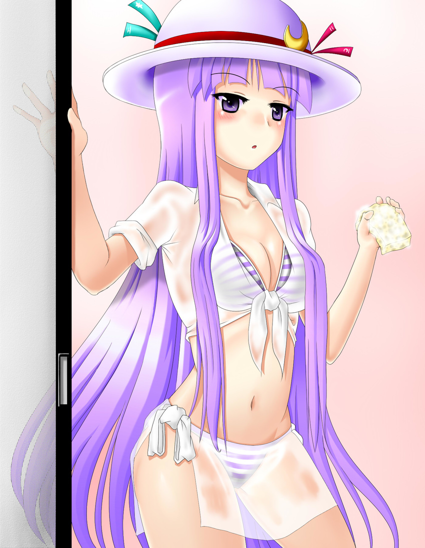 adapted_costume alternate_headwear aotori bikini breasts cleavage crescent front-tie_top hat highres loincloth long_hair midriff navel patchouli_knowledge purple_eyes purple_hair see-through shirt small_breasts solo striped striped_bikini swimsuit tied_shirt touhou very_long_hair