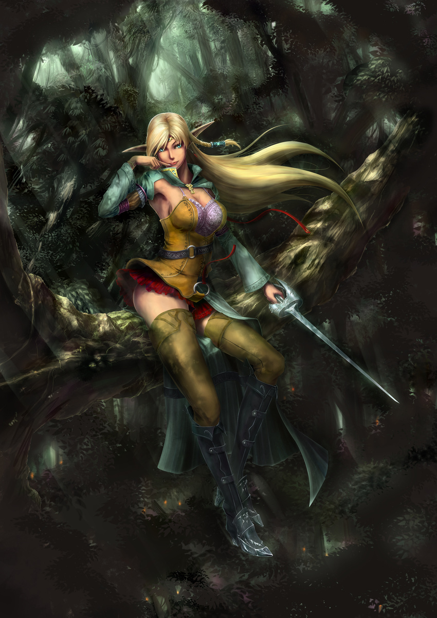 aqua_eyes bad_id bad_pixiv_id blonde_hair boots breasts elf finger_to_mouth forest highres kazeno large_breasts legs lips nature pixiv_fantasia pixiv_fantasia_3 pointy_ears sitting skirt solo sword thighhighs weapon wind