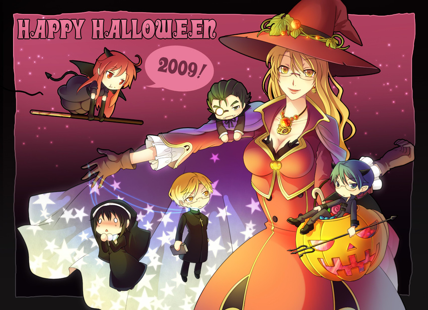 3boys 3girls :t ahoge black_eyes black_hair blonde_hair book breasts candy cape chibi cleavage cross demon_boy demon_girl demon_tail earrings eating elbow_gloves fangs food glasses gloves green_eyes green_hair halloween happy_halloween hat horns jack-o'-lantern jewelry long_hair medium_breasts milcho monocle multiple_boys multiple_girls necklace nun o_o original pocky polearm priest pumpkin red_eyes red_hair skull_earrings spear star tail trident vampire weapon wings witch_hat yellow_eyes