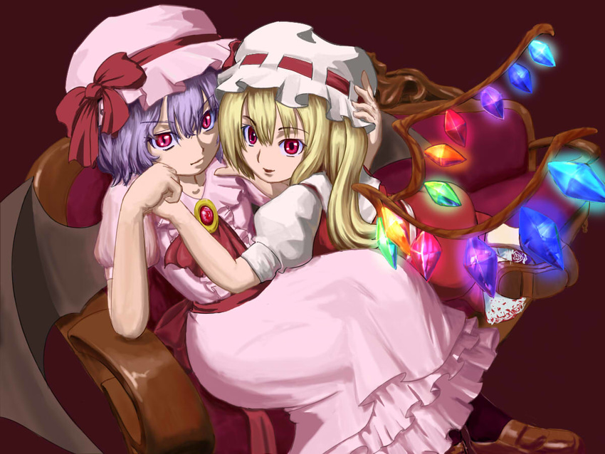 bat_wings couch cuddling flandre_scarlet magure_(artist) multiple_girls remilia_scarlet siblings sisters touhou wings