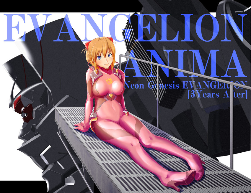 arm_support bangs blue_eyes blush bodysuit bracer breasts copyright_name covered_nipples emblem english eva_02 foreshortening gloves hair_between_eyes hair_ornament high_heels large_breasts legs letterboxed light_smile long_legs looking_at_viewer mecha neon_genesis_evangelion neon_genesis_evangelion_anima orange_hair pilot_suit plugsuit railing sadaan short_hair simple_background sitting smile souryuu_asuka_langley turtleneck white_background