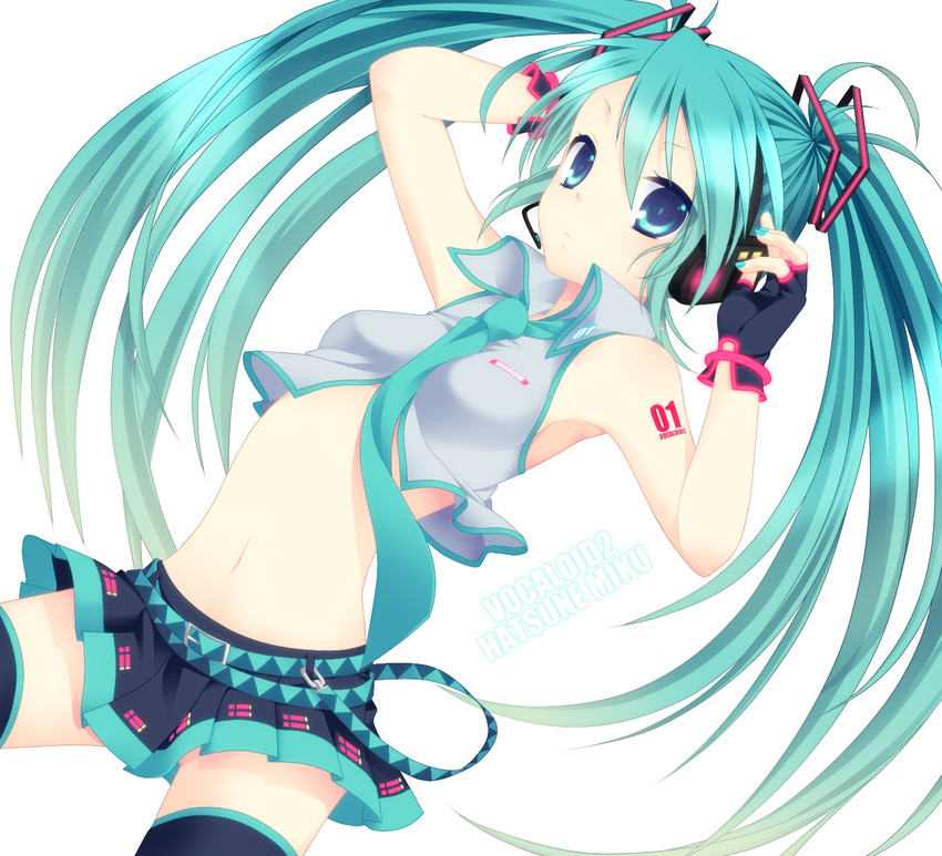 aqua_eyes aqua_hair bad_id bad_pixiv_id boots etou_(cherry7) fingerless_gloves gloves hatsune_miku highres long_hair midriff navel necktie skirt solo thigh_boots thighhighs twintails very_long_hair vocaloid zettai_ryouiki