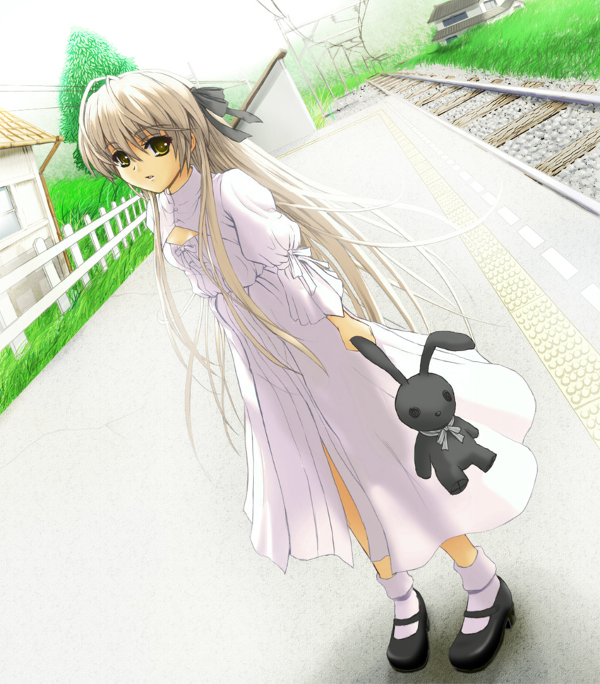 dress esuurya hair_ribbon highres kasugano_sora long_hair railroad_tracks ribbon solo stuffed_animal stuffed_bunny stuffed_toy train_station very_long_hair white_hair yellow_eyes yosuga_no_sora