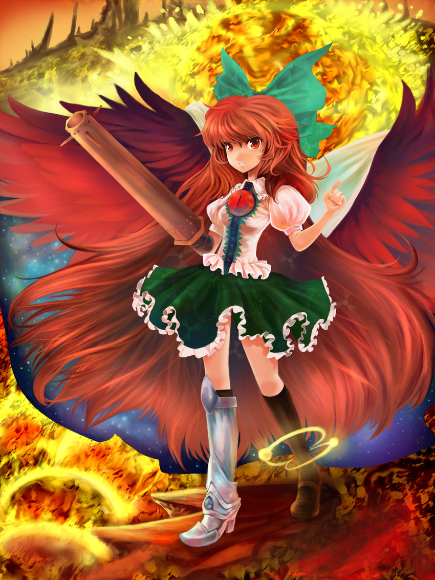 asymmetrical_clothes bow brown_hair eyes fatherland2009 hair_bow highres long_hair mismatched_footwear red_eyes reiuji_utsuho solo touhou wings