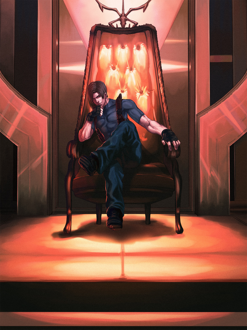 chair fingerless_gloves gloves highres katou_teppei knife leon_s_kennedy male_focus muscle pants resident_evil resident_evil_4 shirt sitting solo throne tight_shirt veins weapon