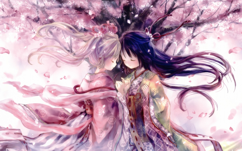 cherry_blossoms closed_eyes copyright_request hair_ribbon highres japanese_clothes kimono long_hair non-web_source onineko petals pink_hair purple_hair ribbon solo wallpaper