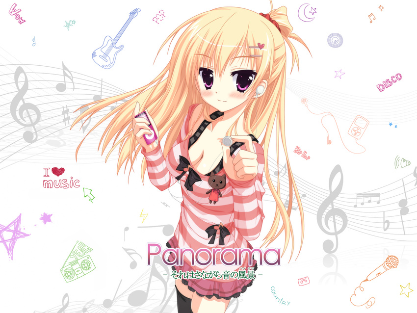 apple_inc. blonde_hair blush breasts cleavage digital_media_player guitar highres instrument ipod long_hair medium_breasts microphone moribe_(rabumanyo) musical_note ponytail purple_eyes solo striped wallpaper