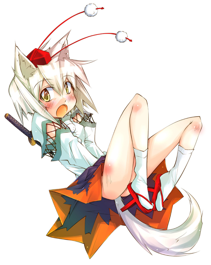 animal_ears detached_sleeves duplicate geta hat highres inubashiri_momiji narumiya short_hair silver_hair solo sword tail tengu-geta tokin_hat touhou weapon wolf_ears wolf_tail