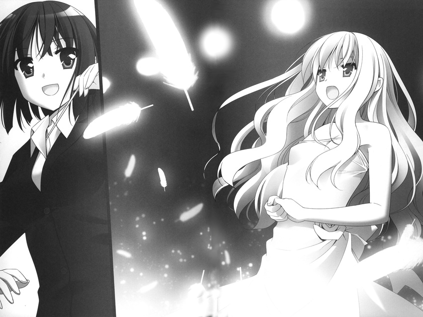 absurdres baton_(instrument) blush conductor feathers greyscale highres kawamura_reo long_hair monochrome multiple_girls peko sawaguchi_mai scan sono_hanabira_ni_kuchizuke_wo