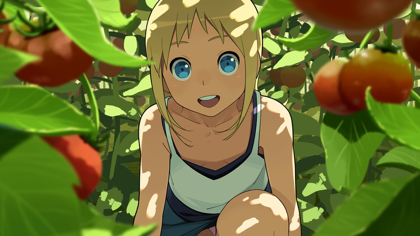 ana_coppola blonde_hair blue_eyes camisole child dappled_sunlight flat_chest go_robots ichigo_mashimaro panties pantyshot pantyshot_(sitting) pantyshot_(squatting) pink_panties short_hair sitting skirt smile solo squatting sunlight tomato underwear