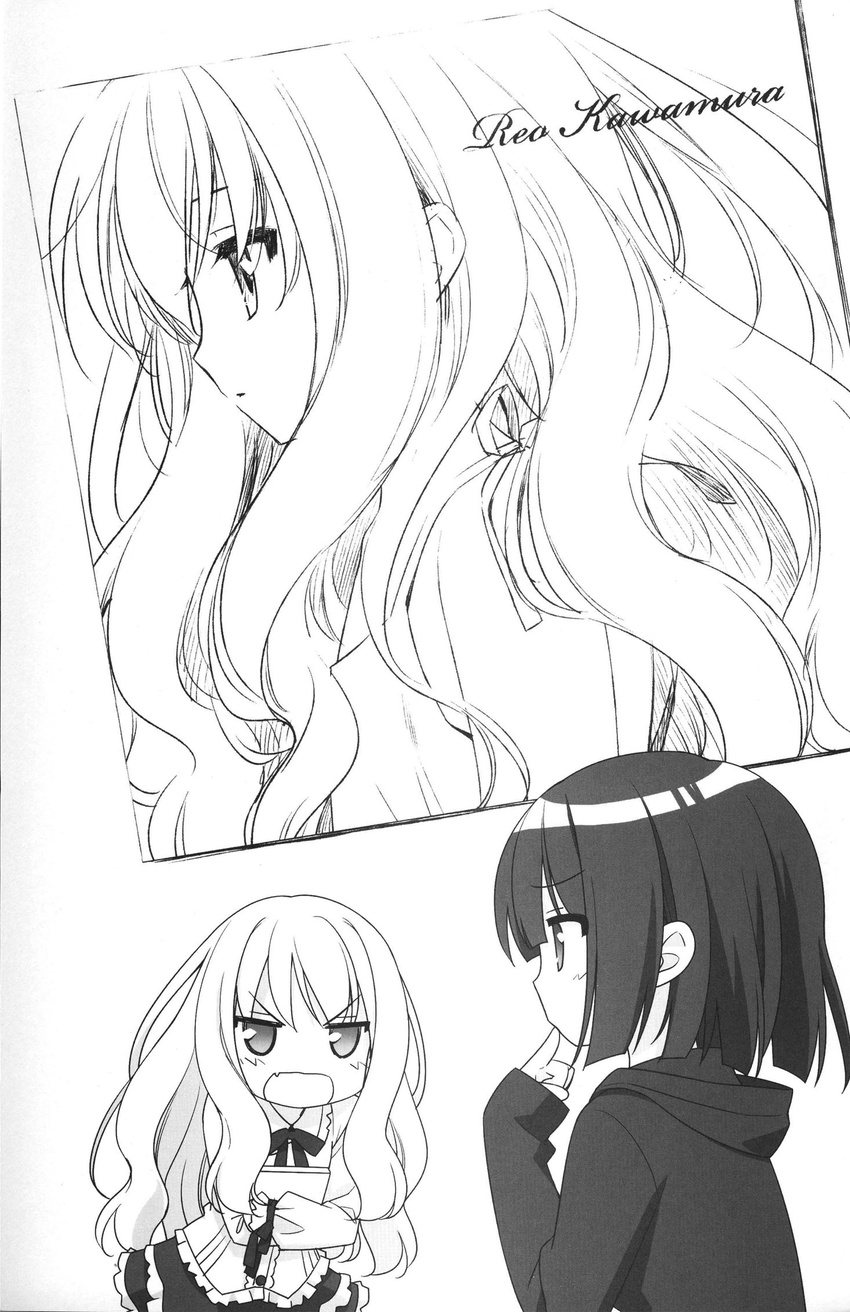 blush greyscale highres kawamura_reo long_hair monochrome multiple_girls peko sawaguchi_mai scan sono_hanabira_ni_kuchizuke_wo