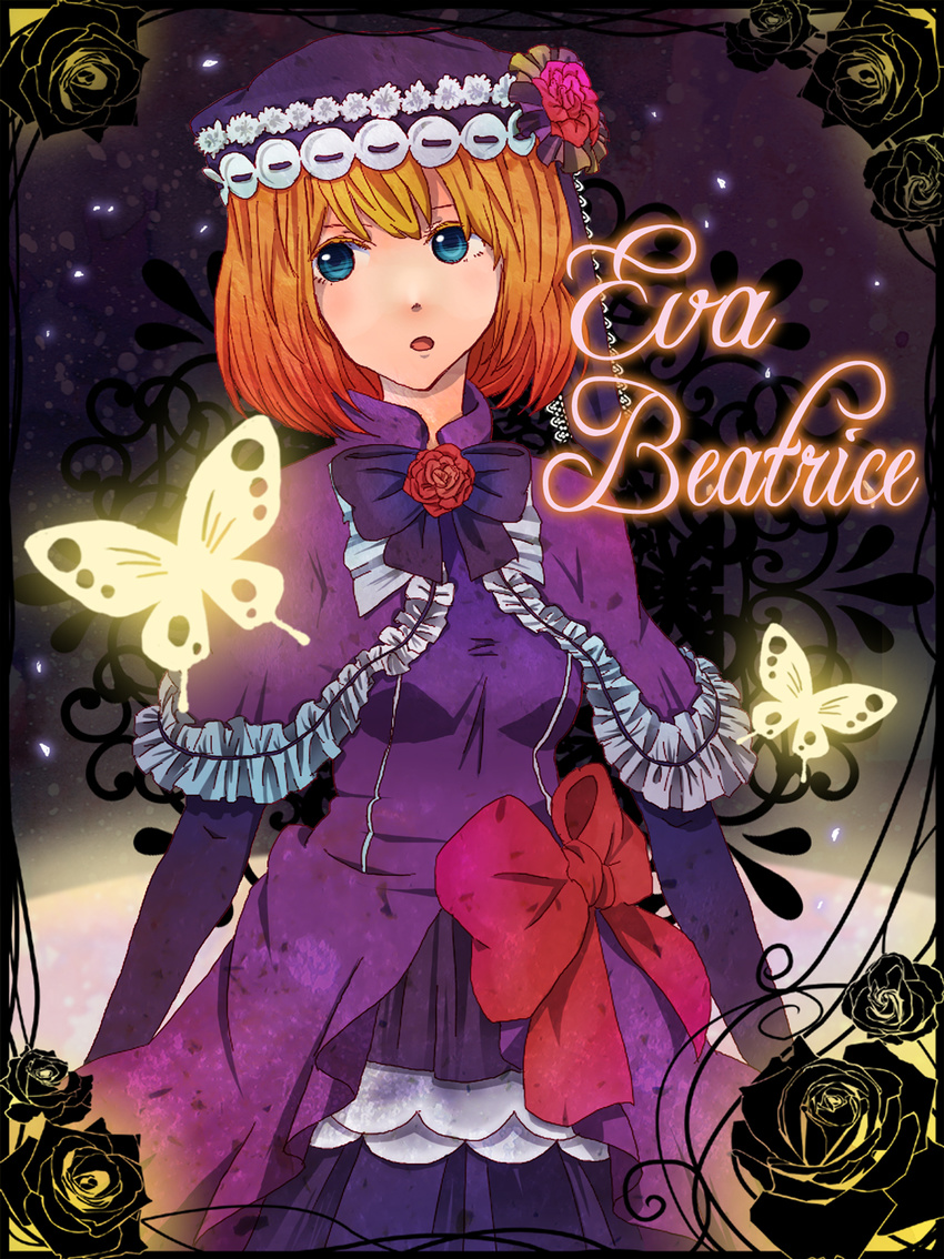 bad_id bad_pixiv_id blue_eyes bow bug butterfly dress elbow_gloves eva_beatrice flower gloves hat highres insect orange_hair ribbon rose shou_(past) solo umineko_no_naku_koro_ni