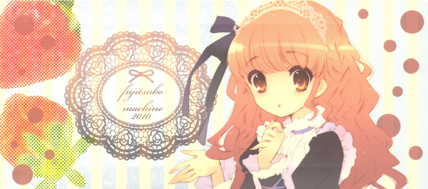 2010 apron brown_eyes brown_hair expressionless frills hair_ribbon itou_noiji long_hair looking_at_viewer maid original red_hair ribbon solo wavy_hair