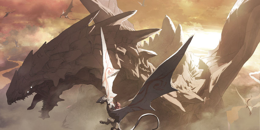 commentary dragon fantasy flying highres pixiv_fantasia pixiv_fantasia_4 river tail tsukuba_masahiro wings