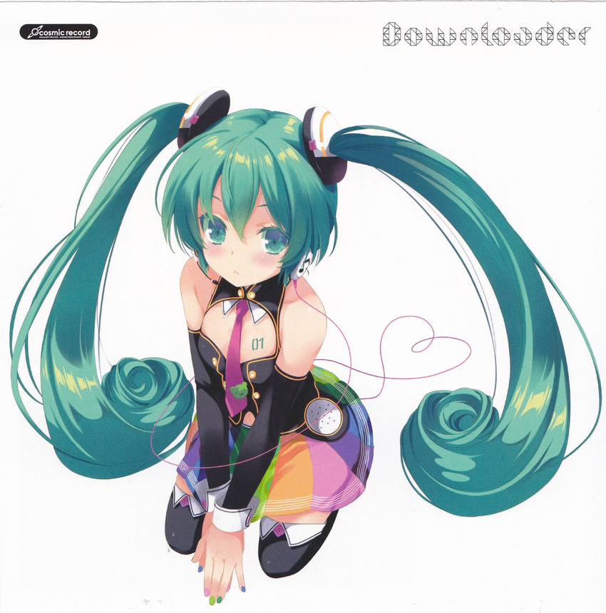 album_cover bare_shoulders cover hatsune_miku heart heart_of_string highres long_hair nail_polish ohara_tometa solo tattoo thighhighs twintails v_arms vocaloid